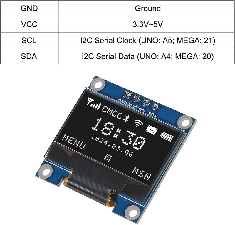 AiTrip 5PCS 0.96 Inch OLED I2C IIC Display Module 12864 128x64 Pixel SSD1306 Mini Self-Luminous OLED Screen Board Compatible with Arduino Raspberry Pi (White) - Image 4